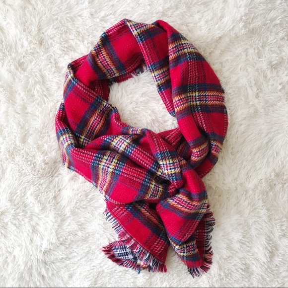 Red plaid blanket scarf reversible navy plaid fringe blanket scarf oversized - Picture 8 of 8